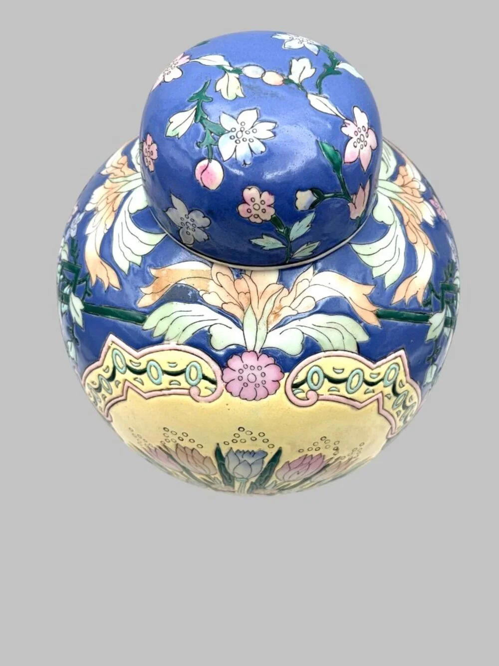 VTG Blue Floral Ginger Jar Urn w/Lid Hand Painted Macau Vase 10